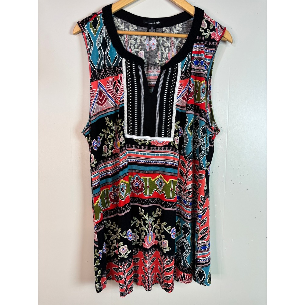 rxb Tank Top XXL Multicolor Mixed Print Boho Split Neck Sleeveless Women